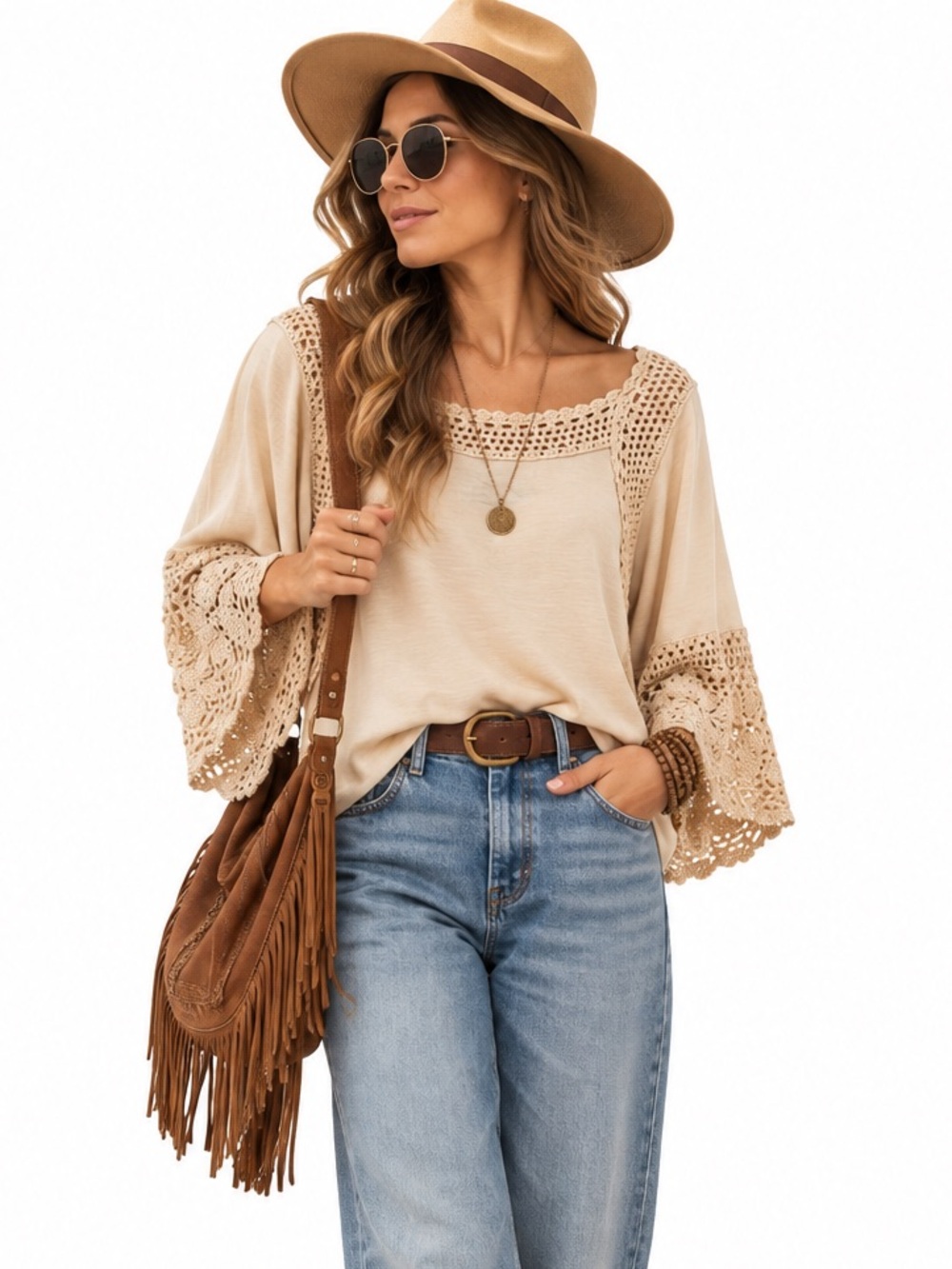Judith March Cream Crochet Sleeve Boho Top Medium Statement Flutter Sleeves